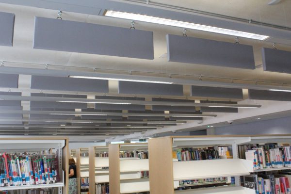 Acoustic fabric covered baffles